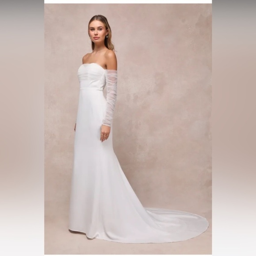 NWT Lulus Eternal Bliss White Tulle Off-the-Shoulder Bustier Maxi Dress